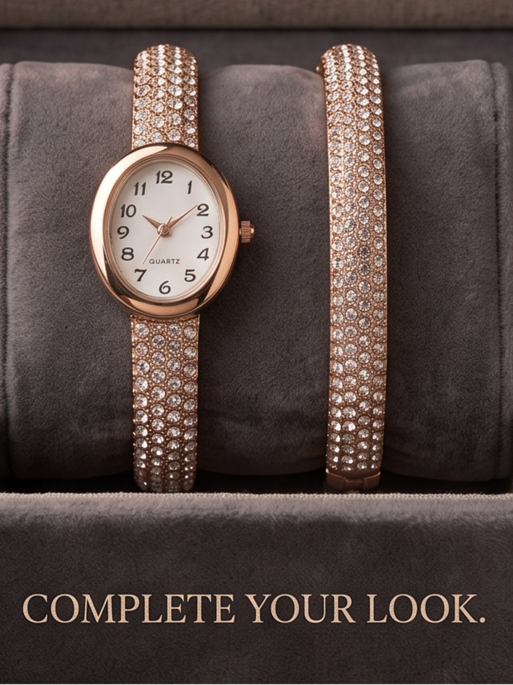 Rhinestone Cuff Watch Bracelet - Rose Gold Tone
